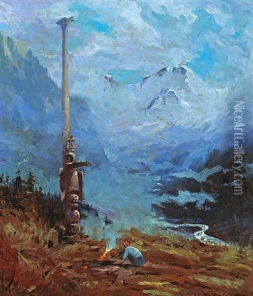 A Totem Pole With Mt. Mckinley In The Distance Oil Painting - Sydney Mortimer Laurence