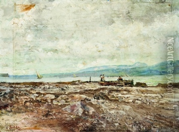 Veduta Costiera Con Figure Sulla Spiaggia E Barche In Mare Oil Painting - Attilio Pratella