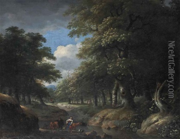 A Wooded Landscape With A Milkmaid And Shepherd, With Sheep, Cattle And A Goat By A Stream, Travellers On A Path Beyond Oil Painting - Jan Wils