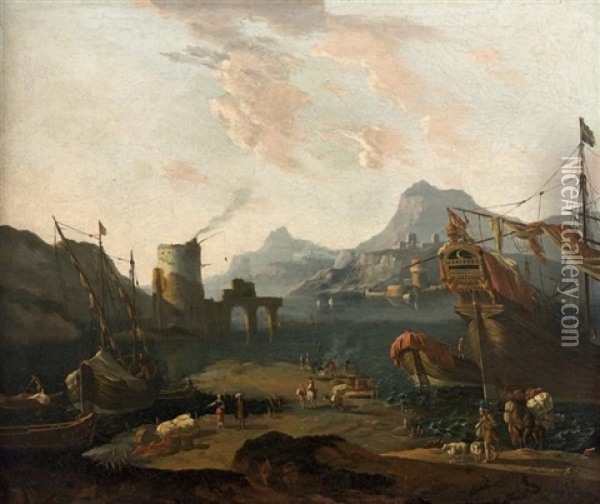 Navire Turc Amarre Dans Un Port Mediterraneen Oil Painting - Adriaen Van Der Cabel