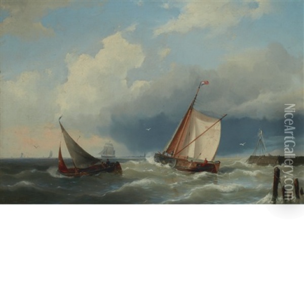 Sailing Vessels Off Pier, Holland Oil Painting - Hermanus Koekkoek the Younger