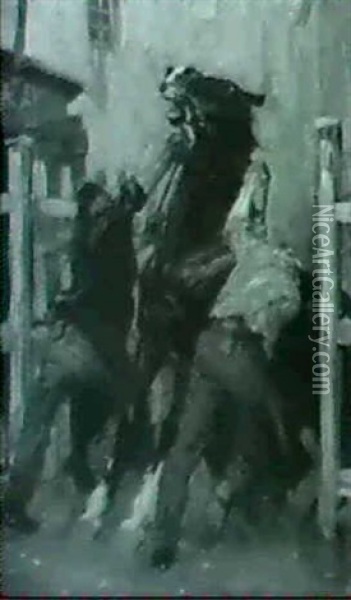 Ein Pferd Wird Von Zwei Pflegern Gebandigt Oil Painting - Arthur Kampf