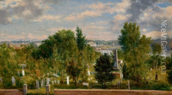 New England Landscape With Cemetery (medford, Ma?) Oil Painting - George Loring Brown