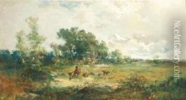 Summery Landscape With A Huntsman And His Dogs Oil Painting - Heinrich Gogarten