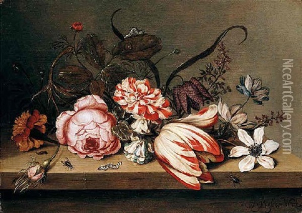 A Still Life Of A Rose, Tulip, Marigold, Columbine And Anemone With Caterpillars And Flies On A Table Oil Painting - Ambrosius Bosschaert the Younger