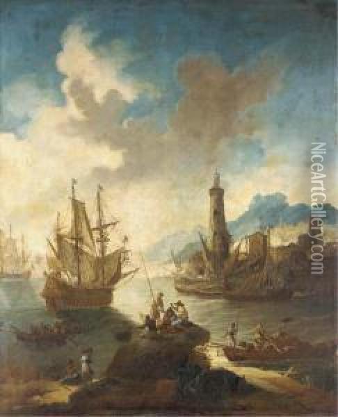 A Mediterranean Port With 
Fishermen In The Foreground, A Man-o'-war Offshore And A Lighthouse 
Beyond Oil Painting - Adriaen Van Der Kabel