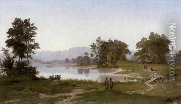 Voralpenlandschaft Mit Dorf Und Seeufer Oil Painting - Alfred (Wilhelm) Metzener