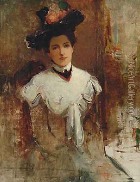 Portrait Study of the Artist's Wife in a Black Hat Oil Painting - Walter Granville-Smith