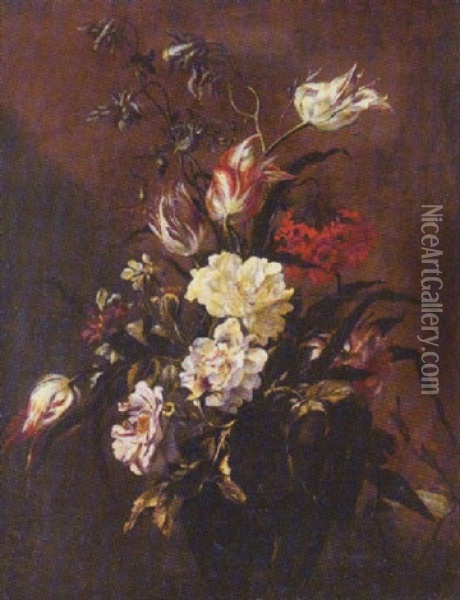 Still Life Of Roses, Variegated Tulips And Other Flowers, In A Glass Vase Oil Painting - Mario Nuzzi