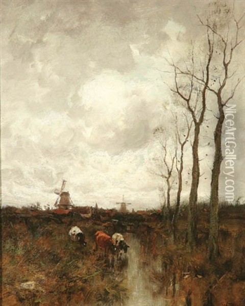 Dutch Landscape With Cattle Grazing Oil Painting - Charles Paul Gruppe
