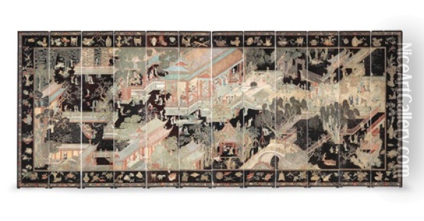 A Magnificent And Rare Twelve-leaf Double-sided 'coromandel' Lacquer Screen Oil Painting -  Emperor Kangxi