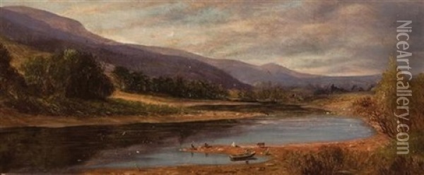 Rowboat On A River (+ Cattle By A River; 2 Works) Oil Painting - William M. Hart
