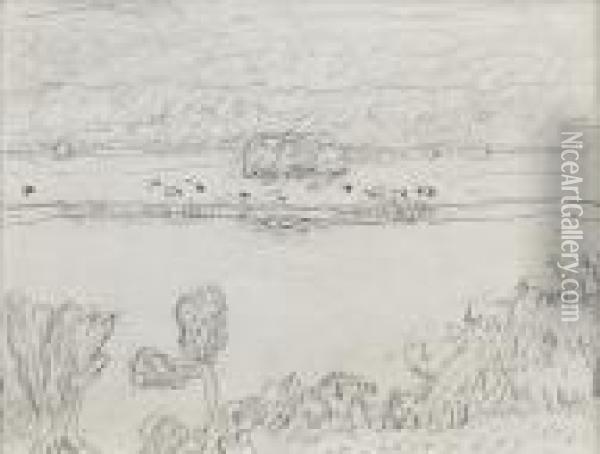 Paysage, Riviere Et Paturage Circa 1928 Oil Painting - Pierre Bonnard