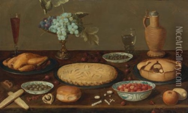 Still Life With Meat Pies, A Roast Fowl, Olives, Capers And Strawberries In Blue And White Porcelain Bowls, A Tazza With Grapes, A Roemer Filled With Wine, A Ceramic Jug And Other Items, All On A Wood Table Oil Painting - Jacob Fopsen van Es