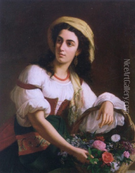 An Italian Beauty Holding A Basket Of Flowers Oil Painting - Luigi Rubio