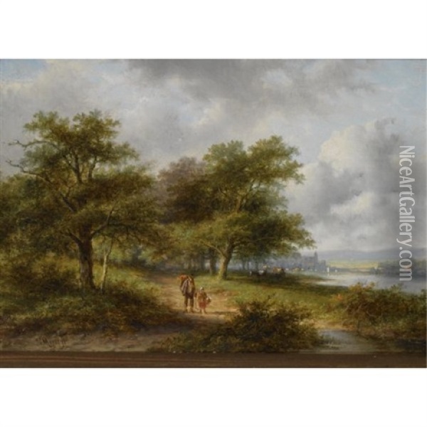 Travellers On A Country Road, A Town In The Distance Oil Painting - Jan Evert Morel the Younger