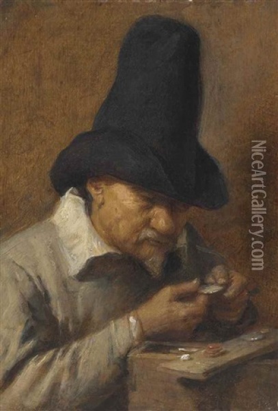 Avarice: An Old Man Counting Money Oil Painting - Adriaen Brouwer