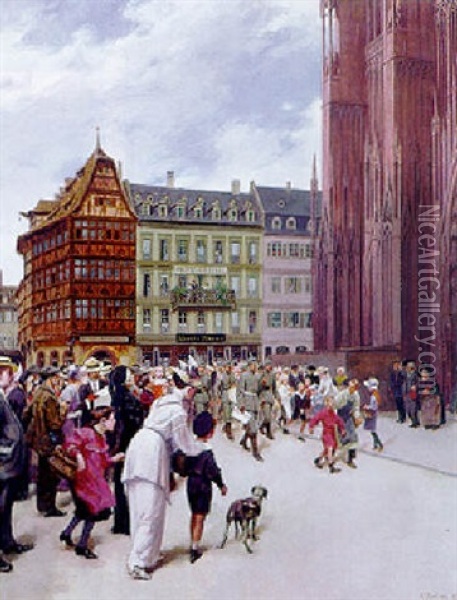 Auf Dem Munsterplatz Zu Strasburg Zieht Eine Patrouille Zur Verlesung Einer Proklamation Auf Oil Painting - Carl Jordan