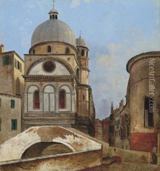 Veduta Delle Chiese Di Santa Maria Dei Miracoli E Santa Maria Nova Oil Painting - Ippolito Caffi