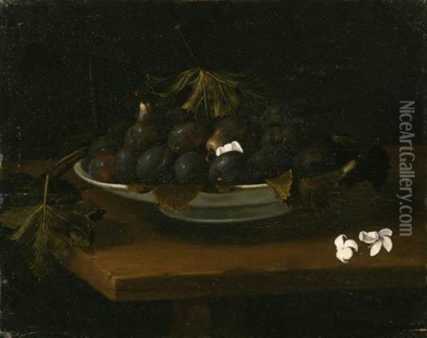 Plums, Figs And Grape Leaves In A Dish With Blossoms On Atable Oil Painting - Galizia Fede