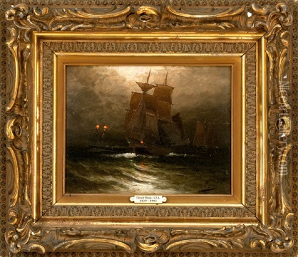A Vessel Under Moonlight With A Lightship In The Background Oil Painting - Edward Moran
