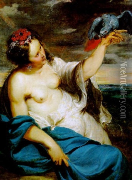 Junge Frau Mit Perlenschmuck Und Einem Papagei (laszivia) Oil Painting - Abraham Janssens