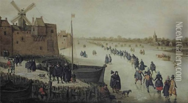 A Winter Landscape With Townsfolk Skating On A Frozen Moat Oil Painting - Hendrick Avercamp