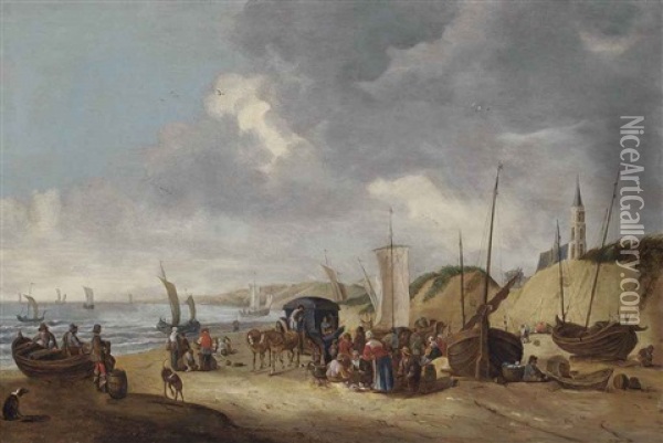 Figures Resting On A Shore With Boats And A Horse-drawn Carriage, Other Sailing Vessels At Sea And A Church Beyond Oil Painting - Cornelis Beelt