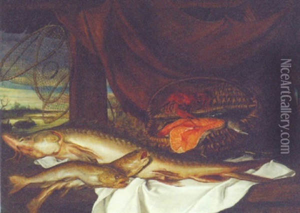 A Catfish And Trout On A Partially Draped Table By Slices Of Salmon, A Lobster And Other Fish In A Creel Oil Painting - Alexander Adriaenssen the Younger