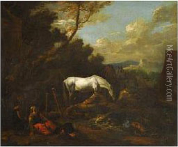 Paisaje Con Figuras Y Caballo Blanco Oil Painting - Jan Wouwerman