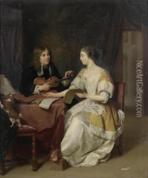 An Elegant Couple Making Music In An Interior Oil Painting - Jan Verkolje