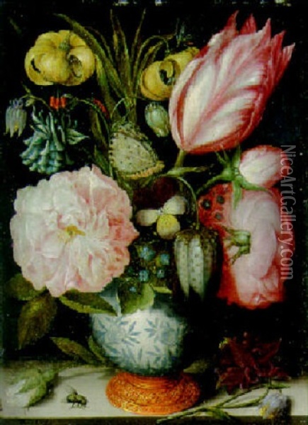 Various Flowers, Butterfly, And A Fritillaria Meleagris In A Vase, A Rosebud, A Columbine And A Fly On A Ledge Oil Painting - Ambrosius Bosschaert the Elder