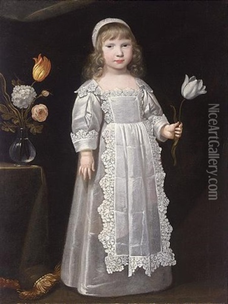 A Portrait Of A Young Girl Wearing A White Dress With An Apron Set With Lace And A White Bonnet, Holding A Tulip In Her Left Hand Oil Painting - Philippe de Champaigne