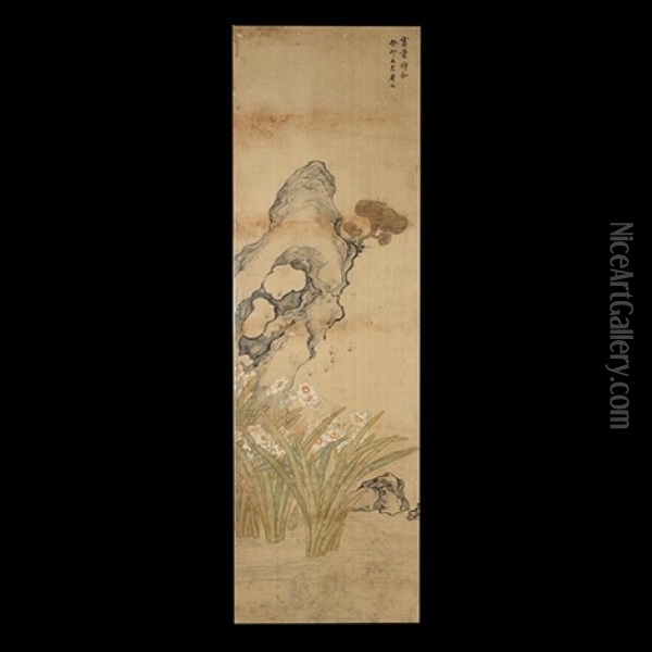 Narcissus And Lingzhi Hanging Scroll Oil Painting -  Ju Lian