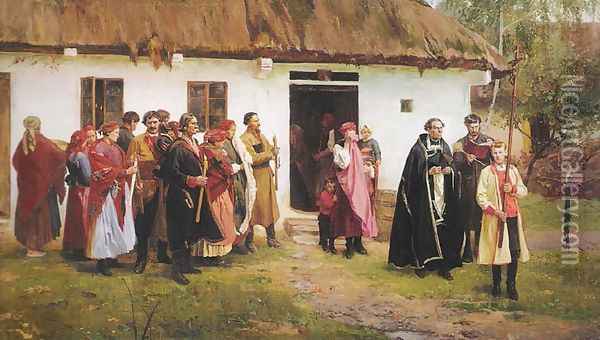 Funeral in the Village Oil Painting - Wincenty Wodzinowski