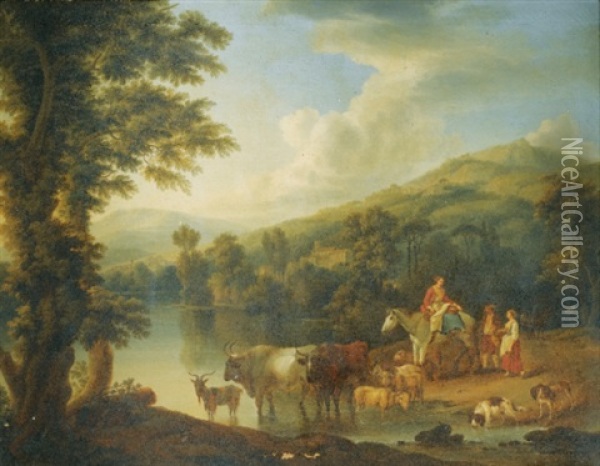 A Wooded River Landscape With A Woman On A Gray Horse With Animals Watering (+ A Wooded Riverlandscape With A Shepherd Resting Beneath A Tree By Cows And Goats; Pair) Oil Painting - Jacob Philipp Hackert