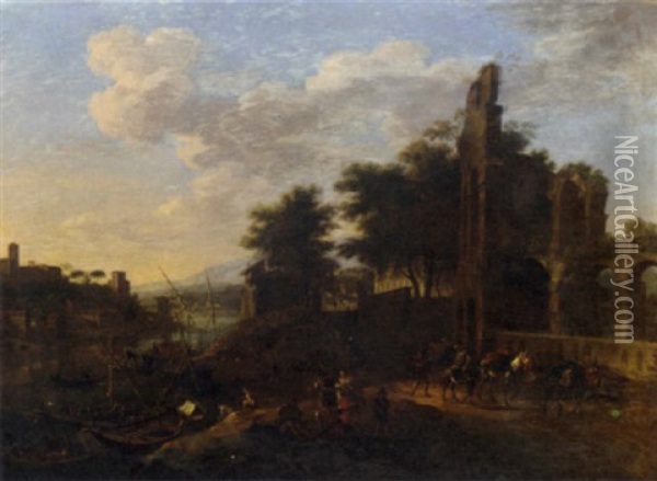 A River Landscape With Travellers On A Path And Peasants Conversing  By Moored Ships, A Town Beyond Oil Painting - Jacob De Heusch
