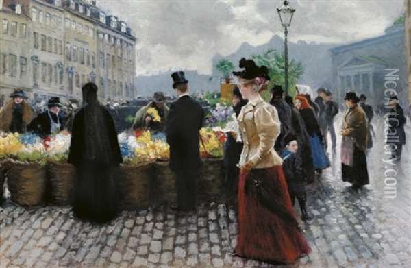 A Gentleman Is Buying Flowers At Hojbro Plads Oil Painting - Paul Fischer