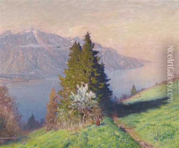 Vue De Geneve Et Saint Gingolphe Oil Painting - Albert Henri John Gos