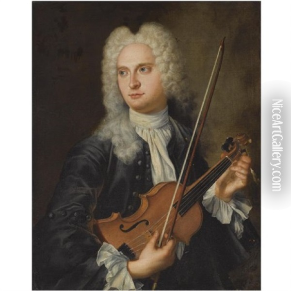 Portrait Of A Musician, Wearing A Blue Coat With A White Chemise, Tuning His Violin Oil Painting - Antoine Pesne