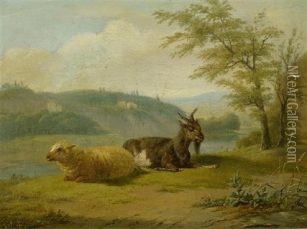 Ein Schaf Und Eine Ziege Vor Einer Weiten Landschaft Oil Painting - Johann Jakob Biedermann