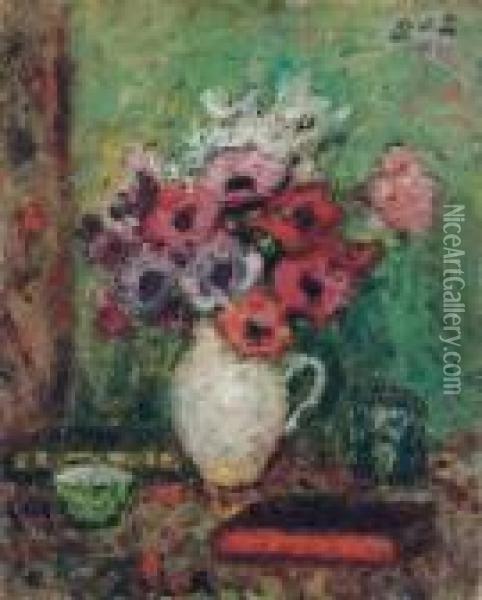 Anemones Dans Un Pichet De Faience Oil Painting - Georges dEspagnat