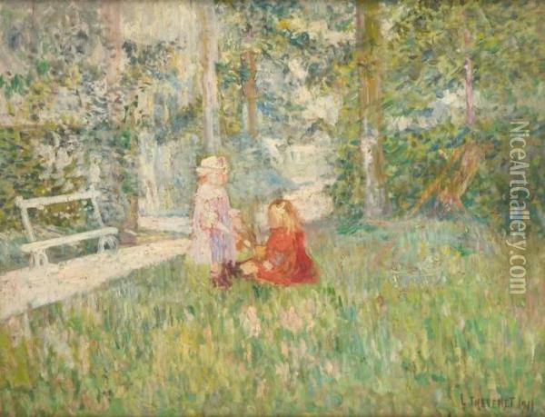 Deux Jeunes Filles Dans Un Parc Ensoleille Oil Painting - Louis Thevenet