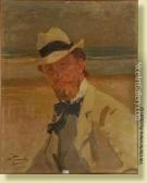 Autoportrait Sur La Plage Oil Painting - Jean-Leon Gouweloos