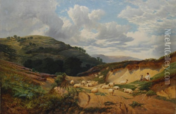 A Shepherd And Sheep In A Landscape Oil Painting - Alexander Fraser the Younger