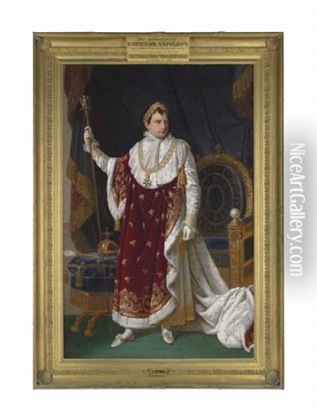 Portrait Of The Emperor Napoleon (1769-1821), Full-length, In Coronation Robes, Before His Throne Oil Painting - Robert Jacques Francois Faust Lefevre