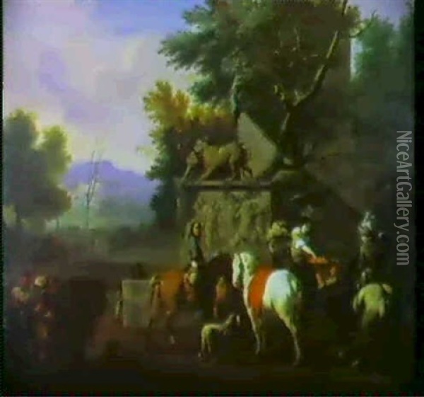 Cavaliers Pres D'une Fontaine Oil Painting - Jan van Huchtenburg