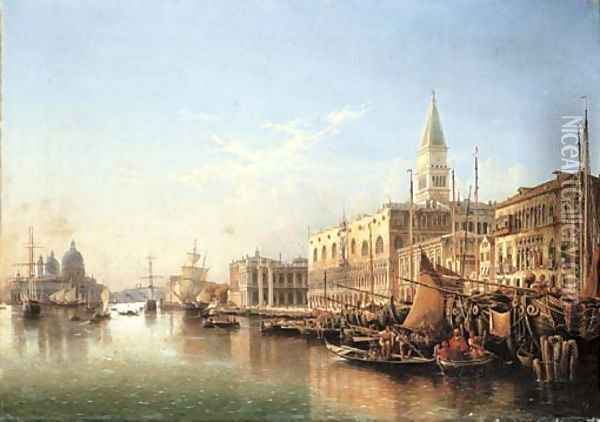 Venice the Riva degli Schiavoni, looking West with the Punta della Dogana and Santa Maria della Salute beyond Oil Painting - Julius Helfft