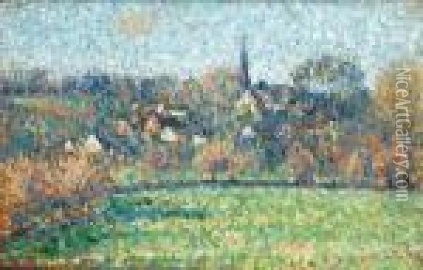 Vue Sur Le Village De Bazincourt Oil Painting - Camille Pissarro