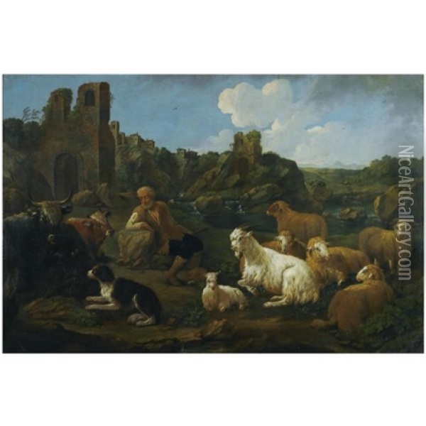 A Landscape With A Herder, Cattle, Sheep And A Dog In The Foreground Oil Painting - Jacob (Rosa di Napoli) Roos